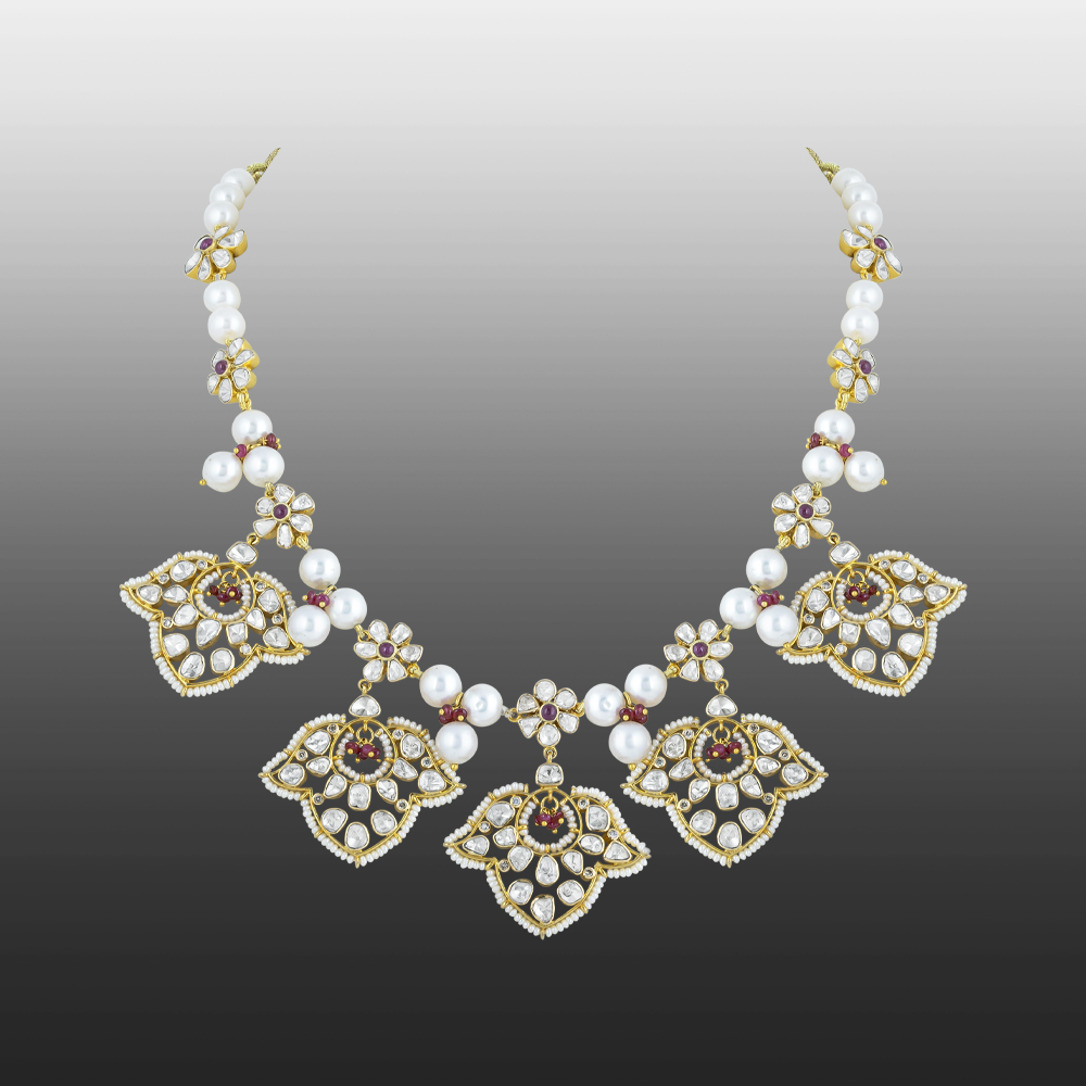 Polki Necklace with Red Floral Motifs & Pearls